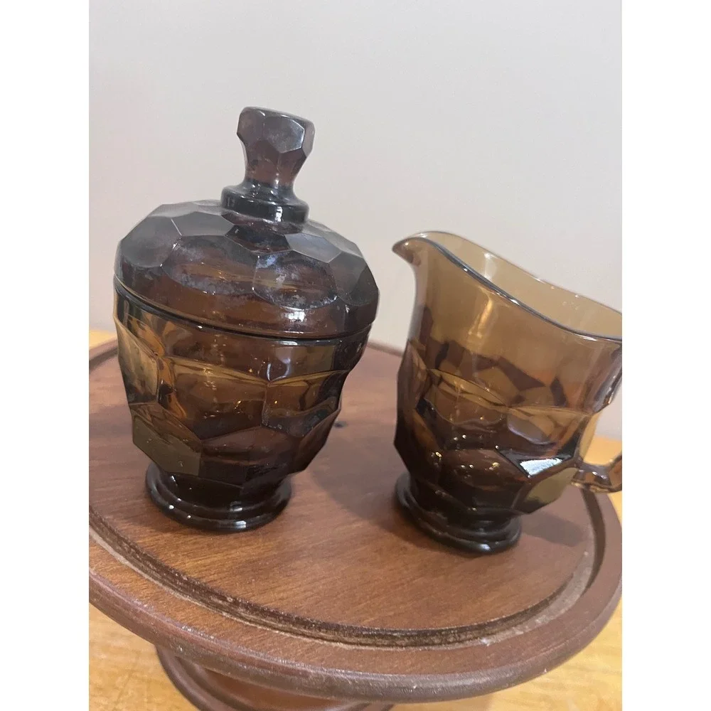 Vtg Viking Smoke Brown Glass Georgian Sugar Bowl Lid Creamer Set MCM Faceted